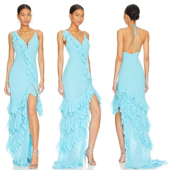 NBD | Suki Gown in Blue Mermaid Ruffle Asymmetric Maxi Dress S - Picture 1 of 16